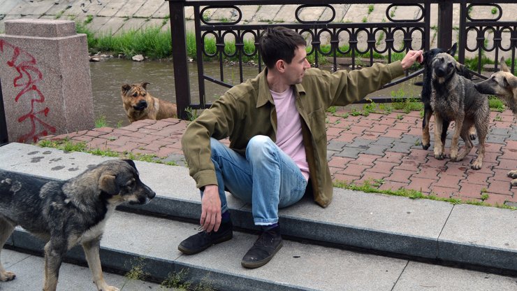 В парке мы встретили стаю собак. Саша просит передать читателям — он в курсе, что они бродячие, а не те, кого он обычно здесь гладит.